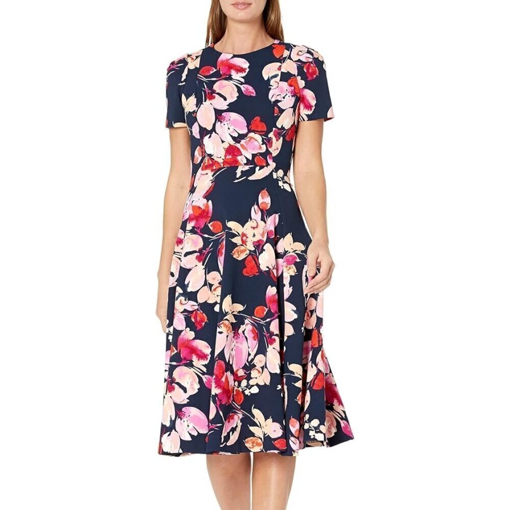 CALVIN KLEIN  Printed Scuba Crepe Short-Sleeve Dress